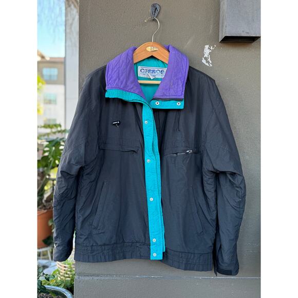 Vintage Cerros Gore-Tex Bomber Jacket Full Zip Large Oversized Black Purple Blue - Picture 3 of 8